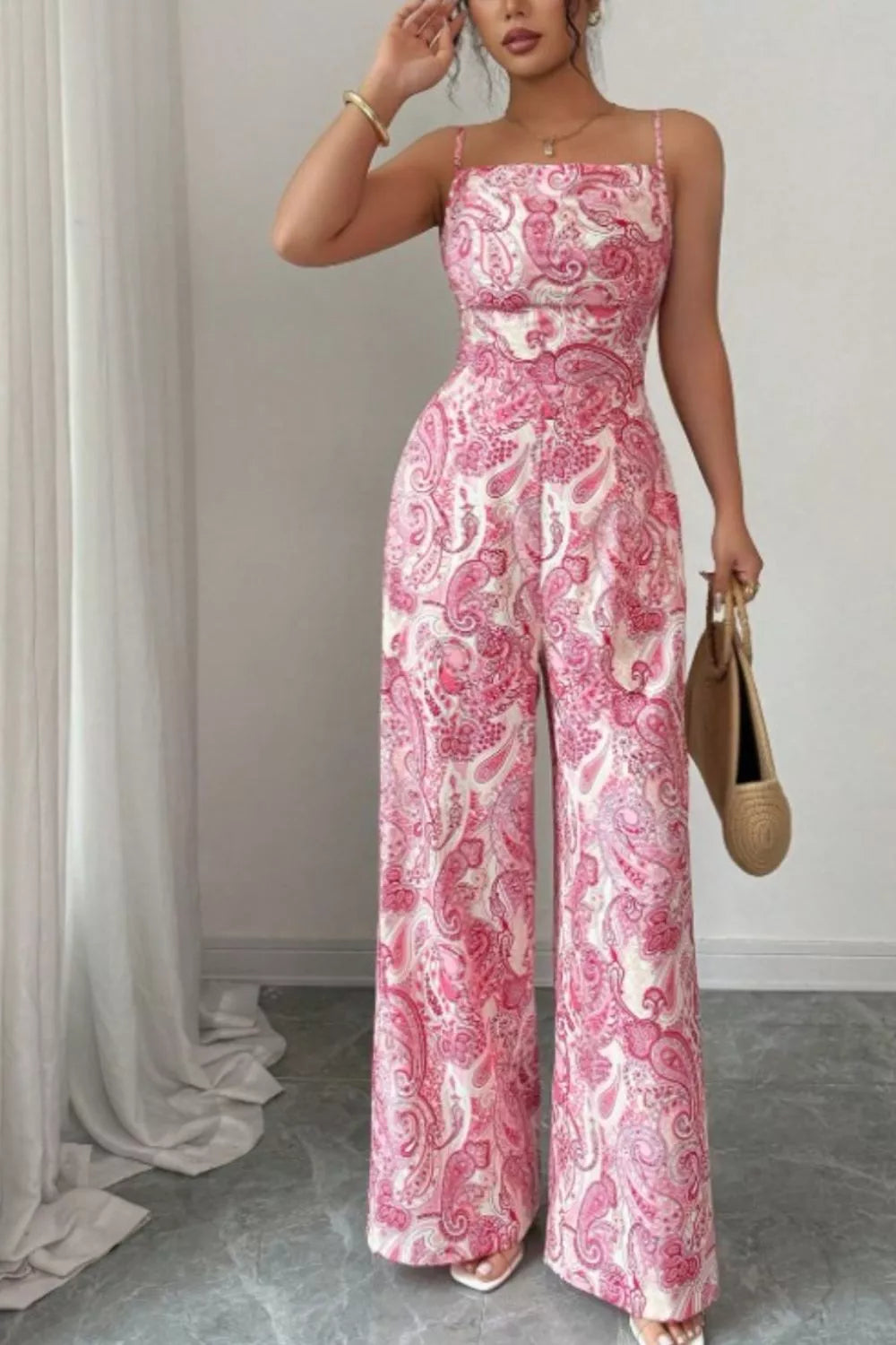 Paisley Print Wide Leg Jumpsuit - cas7m