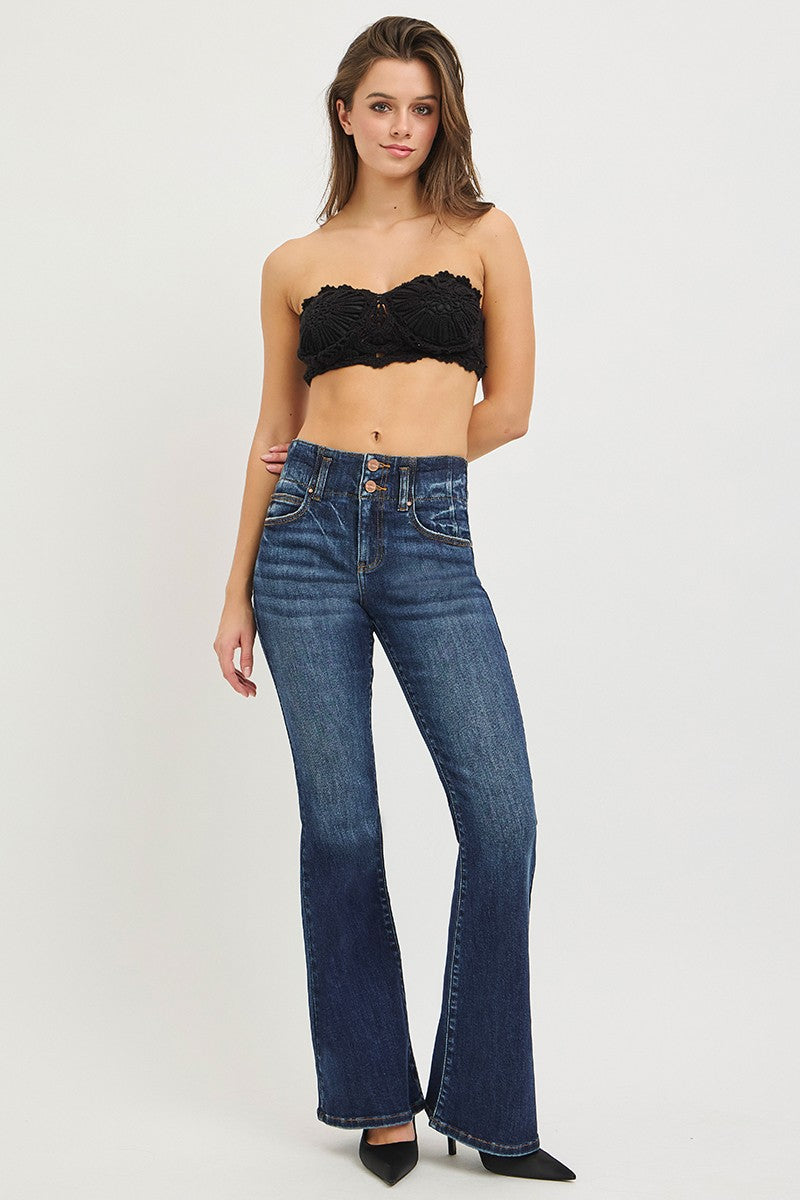 RISEN High Rise Flare Jeans With Seam Detail Waistband - cas7m