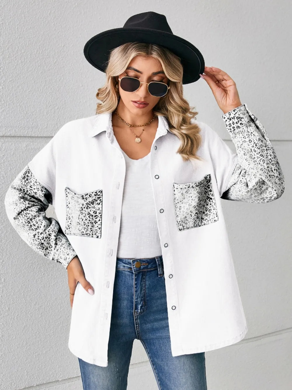 Leopard Button Up Denim Jacket - cas7m