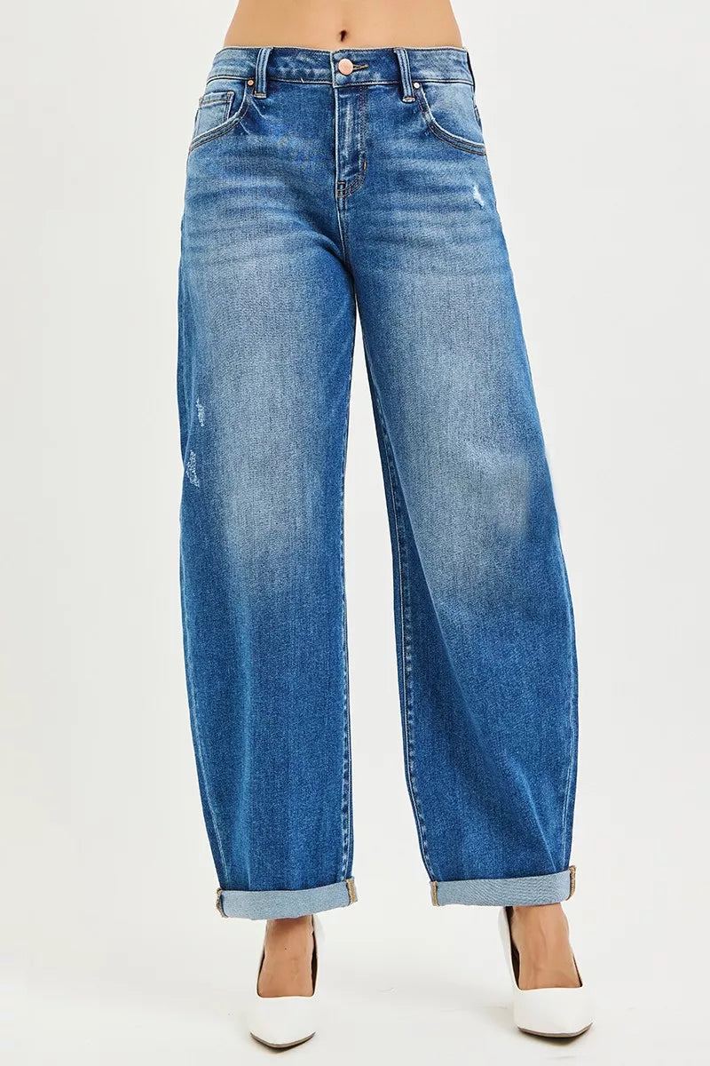 RISEN Full Size Mid Rise Barrel Double Roll Up Jeans Plus Size - cas7m