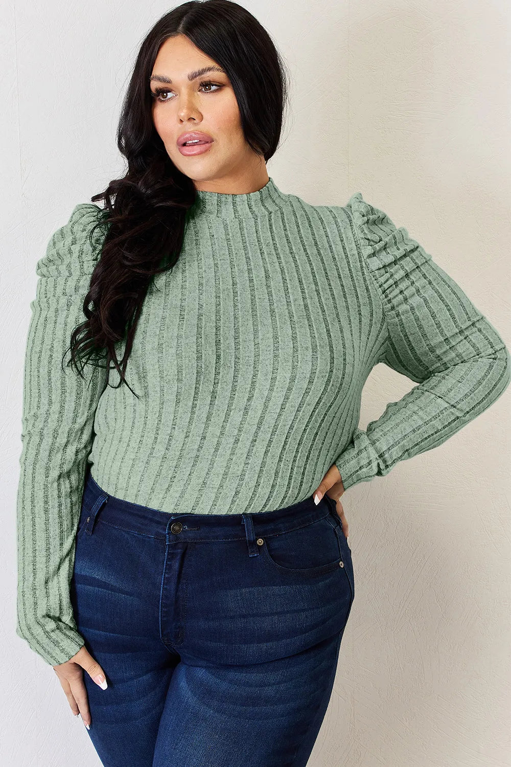 Basic Bae Full Size Ribbed Mock Neck Puff Sleeve T-Shirt - cas7m