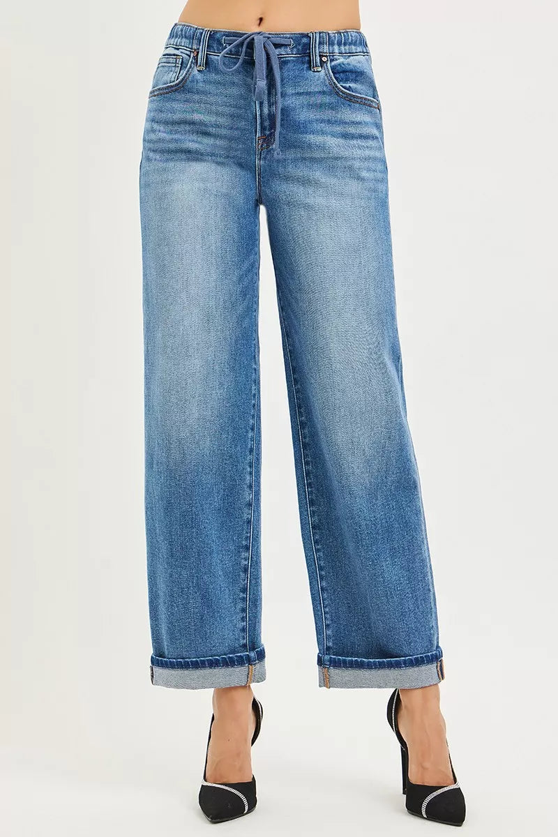RISEN Elastic Band Slouch Ankle Boyfriend Cuffed Hem Jeans - cas7m