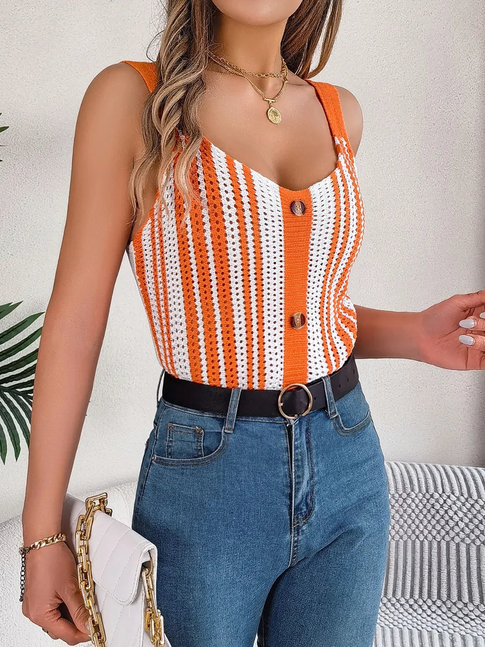 Openwork Striped V-Neck Tank - cas7m