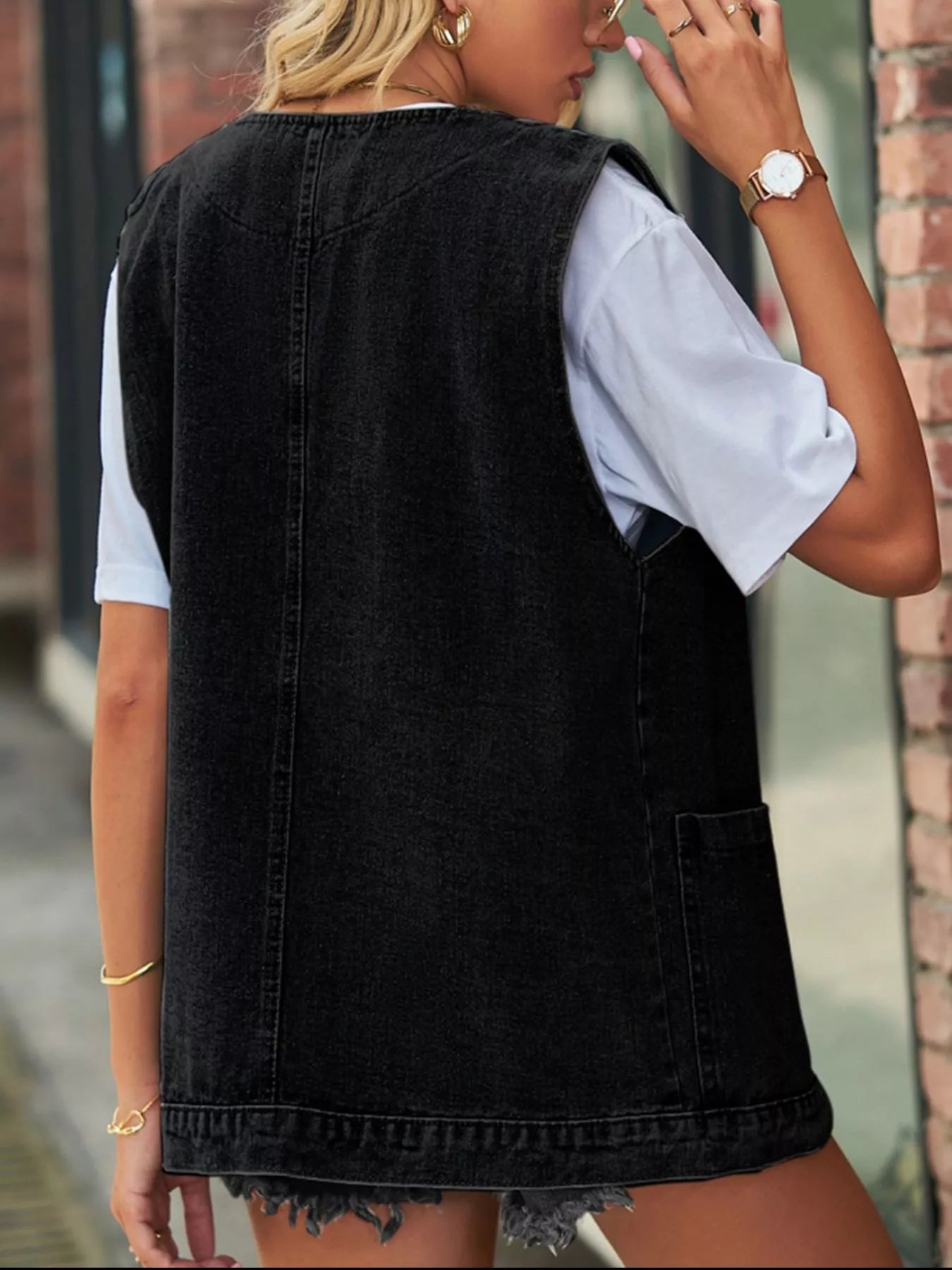 Sleeveless Button-Down Denim Jacket Vest - cas7m