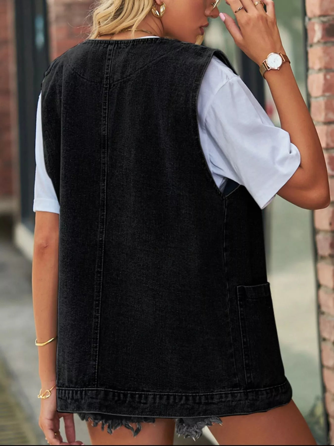 Sleeveless Button-Down Denim Jacket Vest - cas7m