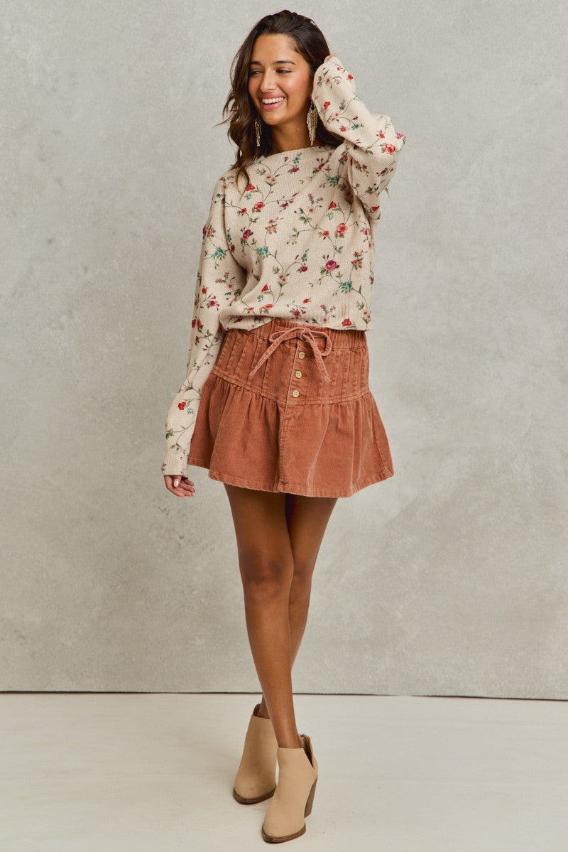 SO ME Mineral Wash Pintucked Corduroy Mini Flared Skirt - cas7m