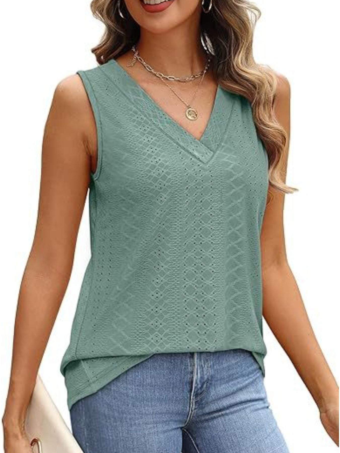 Eyelet V-Neck Tank - cas7m
