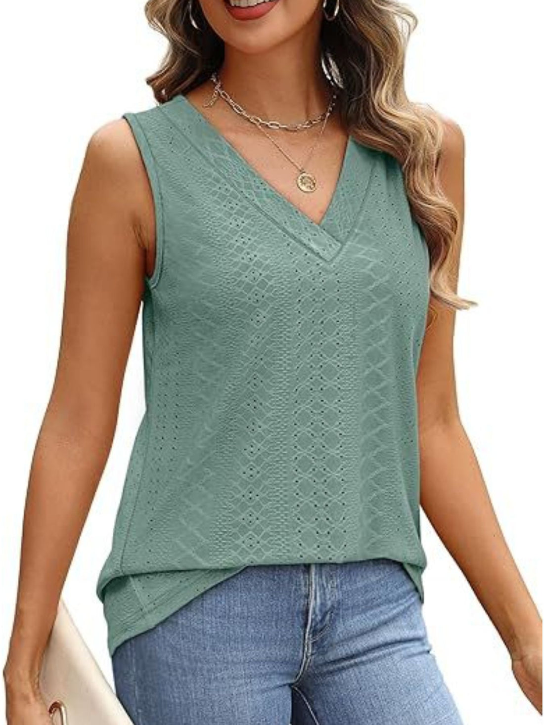 Eyelet V-Neck Tank - cas7m