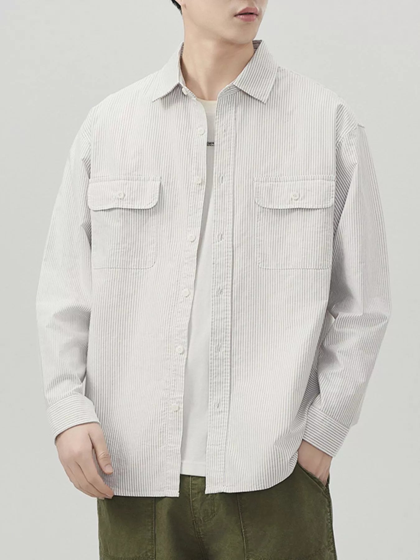 Men's Plus Size Striped Button Up Long Sleeve Shirt - cas7m