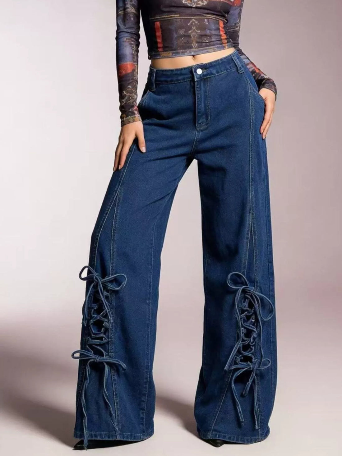 Lace-Up Wide Leg Jeans - cas7m