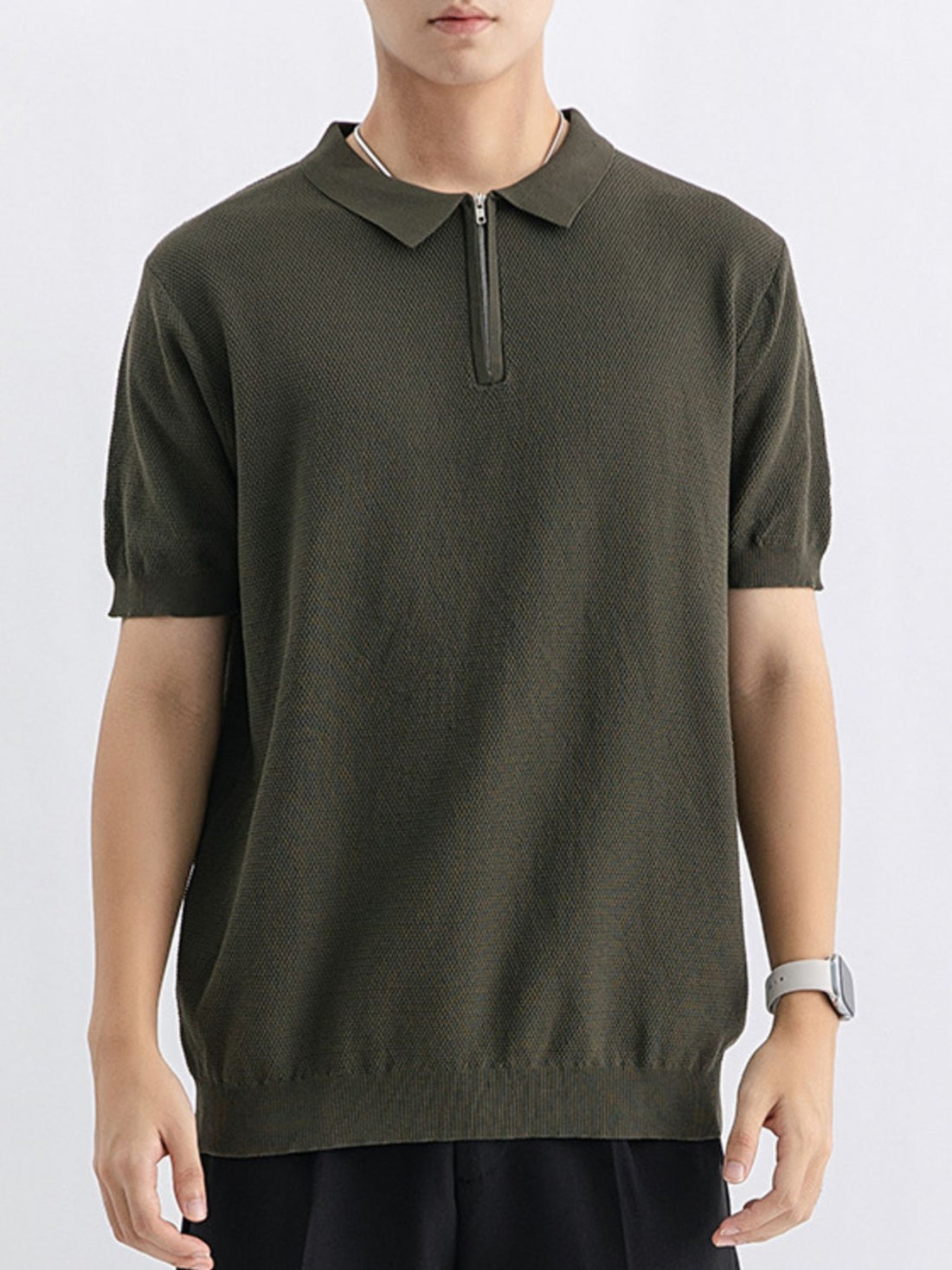 Men's Plus Size Textured Knit Zip-Up Polo - cas7m