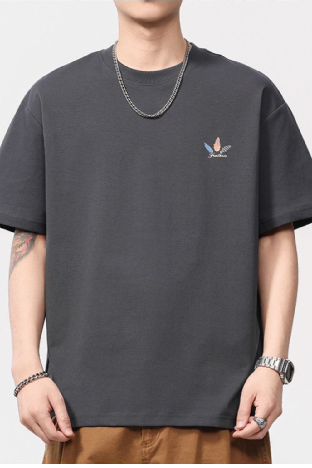 Men's Plus Size Feather Print Casual T-Shirt - cas7m