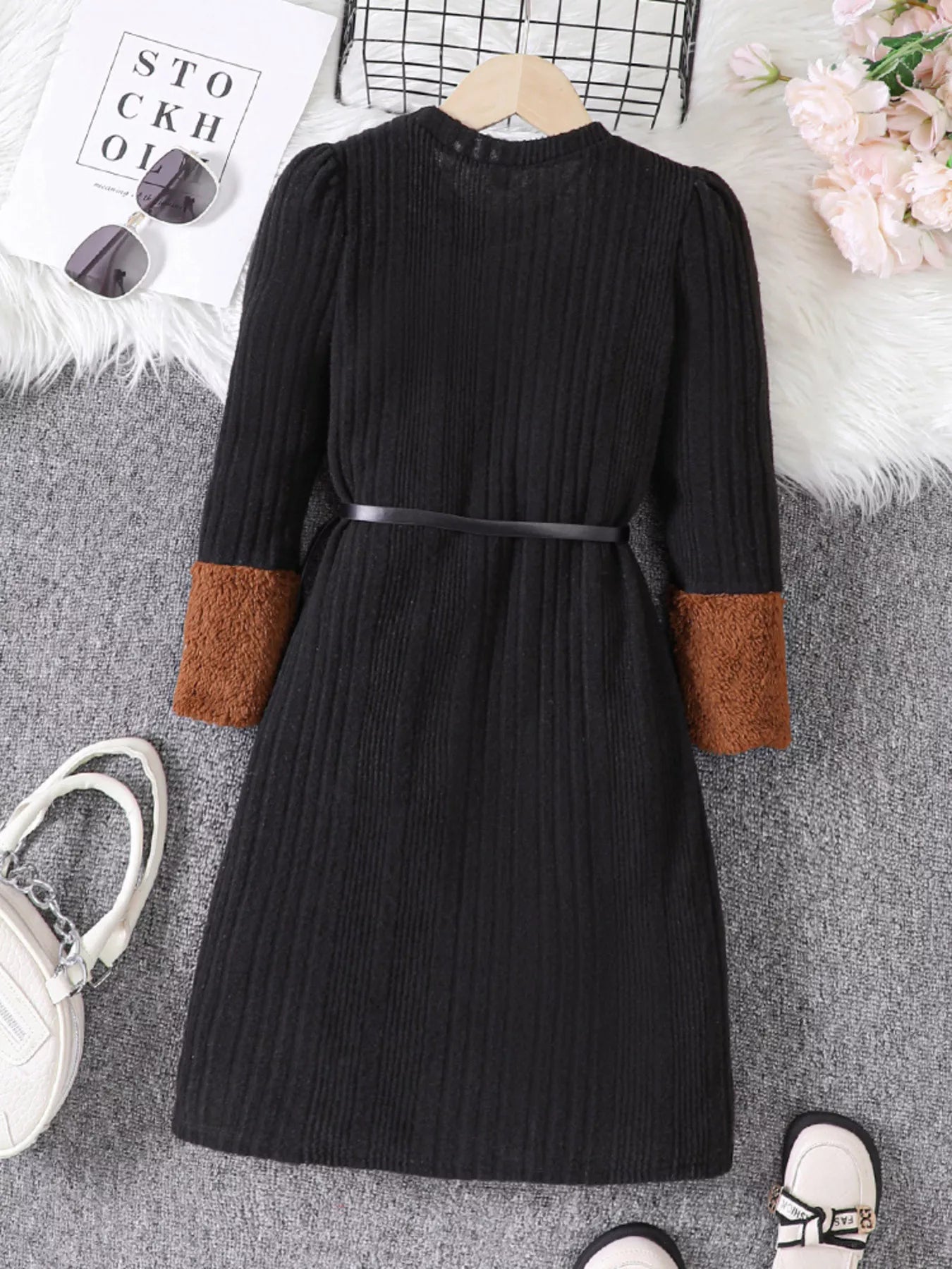 Children's Ribbed Knit Long Sleeve Dress - cas7m