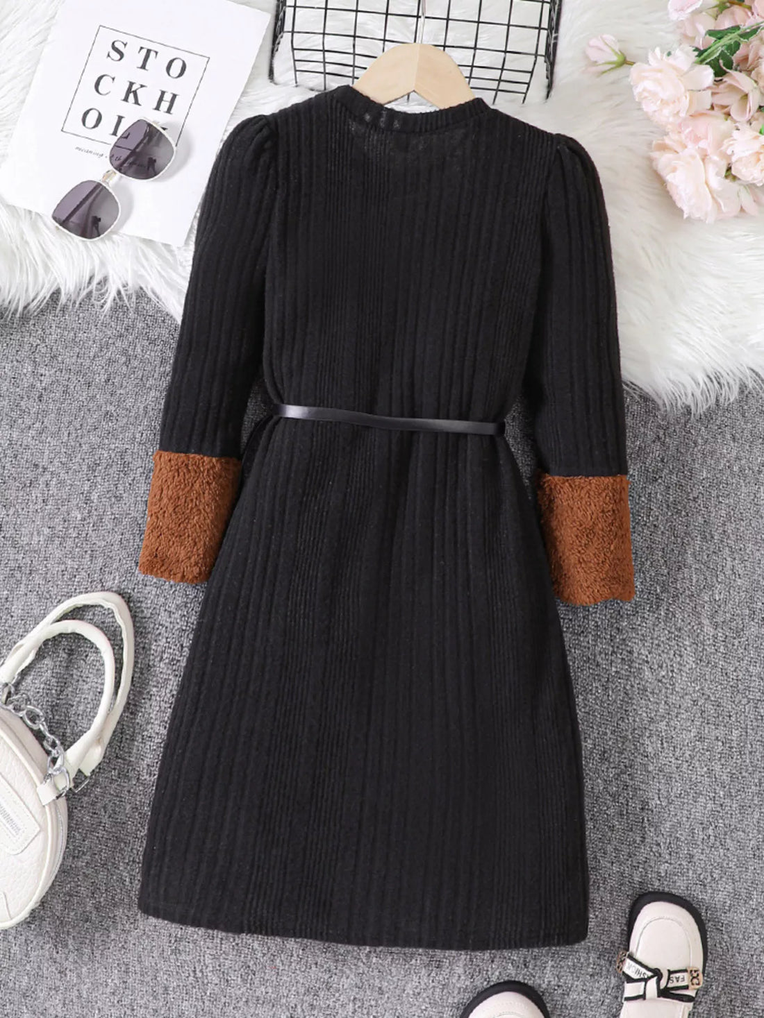 Children's Ribbed Knit Long Sleeve Dress - cas7m
