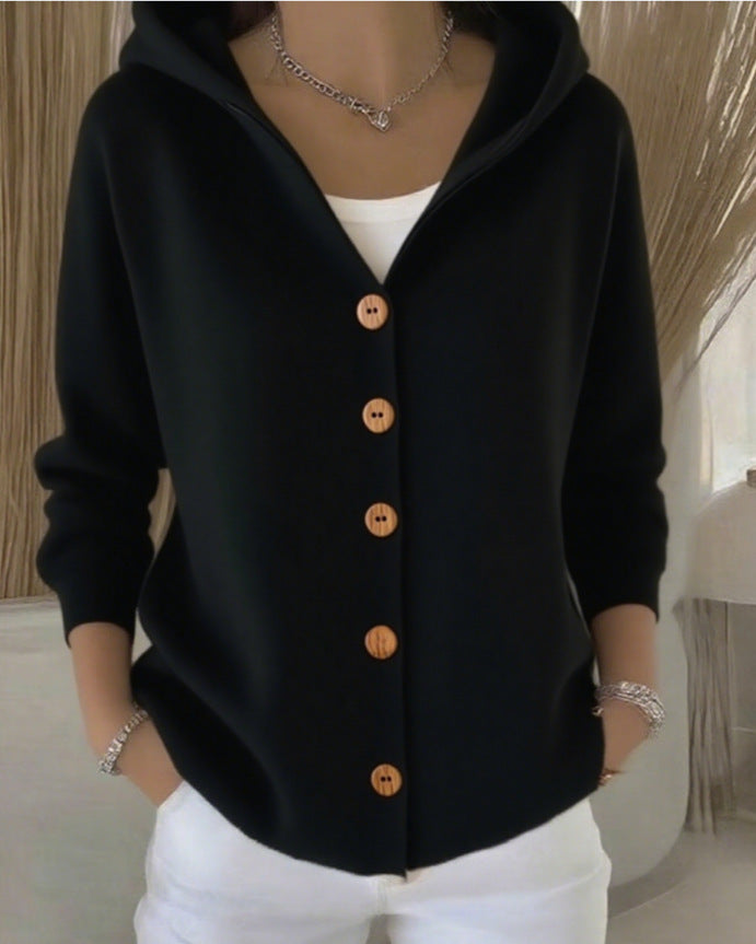 Ins Button Hooded Sweater Fashion Autumn And Winter Knitted Cardigan Casual Commuter Long Sleeve Top Women's Clothing - cas7m
