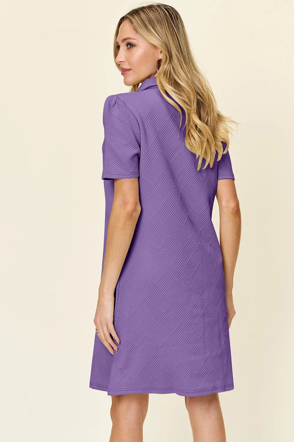 Double Take Full Size Texture Collared Neck Short Sleeve Dress - cas7m