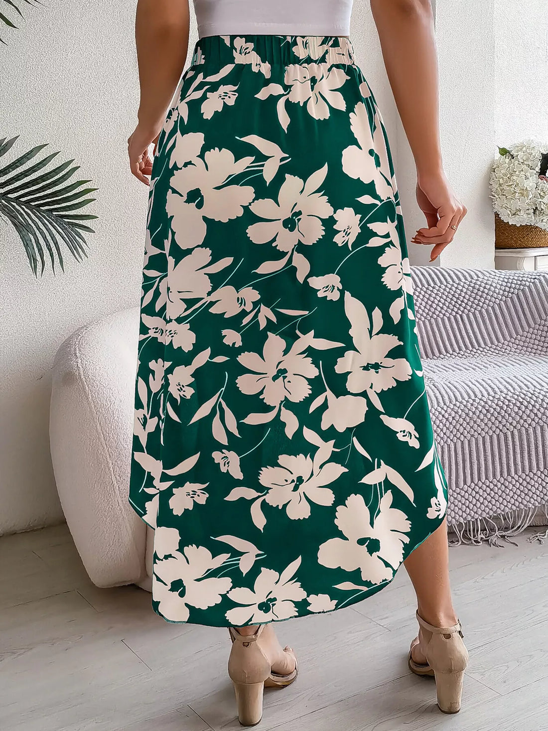 Floral Print Ruffle Hem Asymmetrical Skirt - cas7m