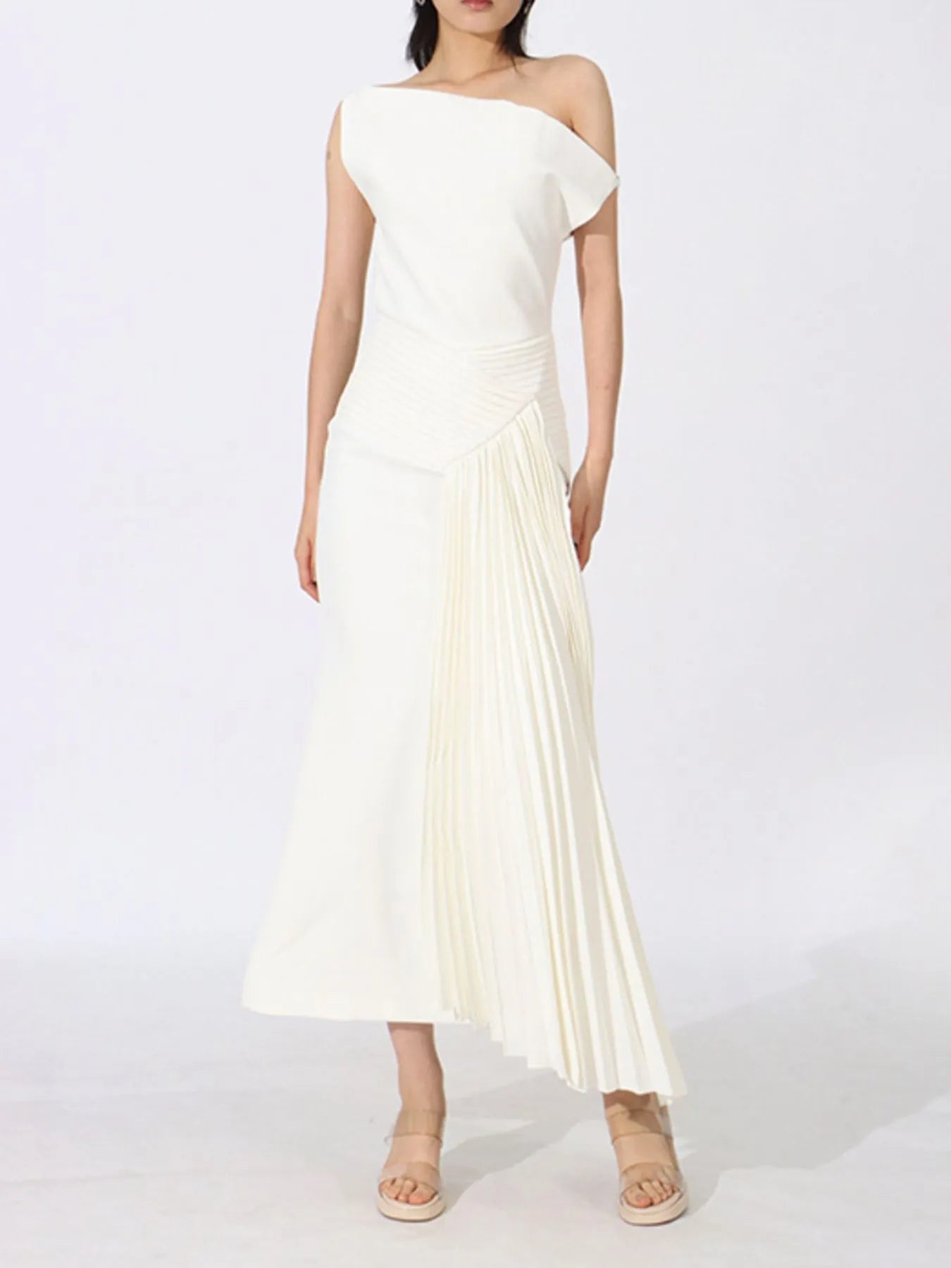 Single Shoulder Pleated Dress - cas7m