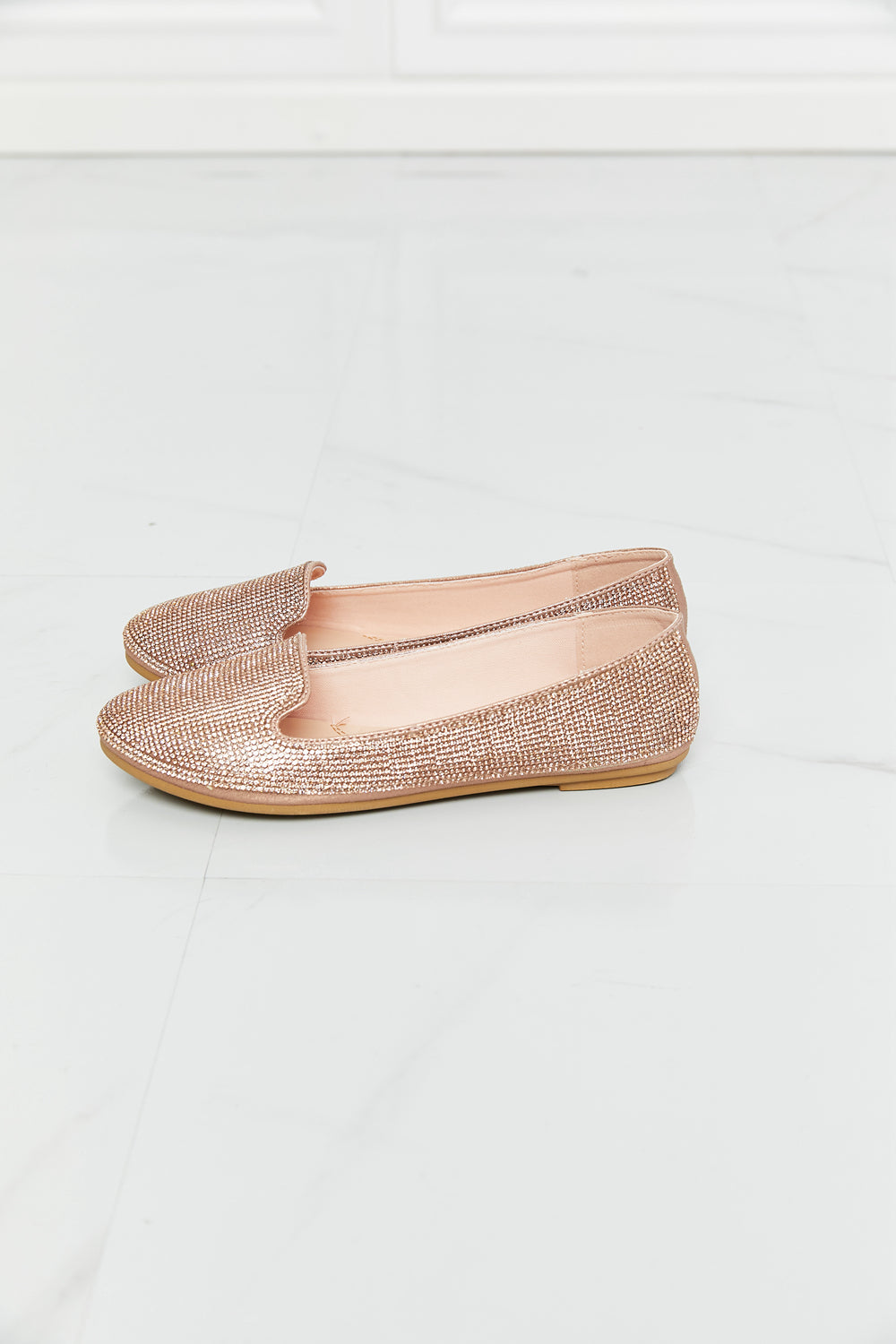 Forever Link Rhinestone Round Toe Flats in Rose Gold - cas7m