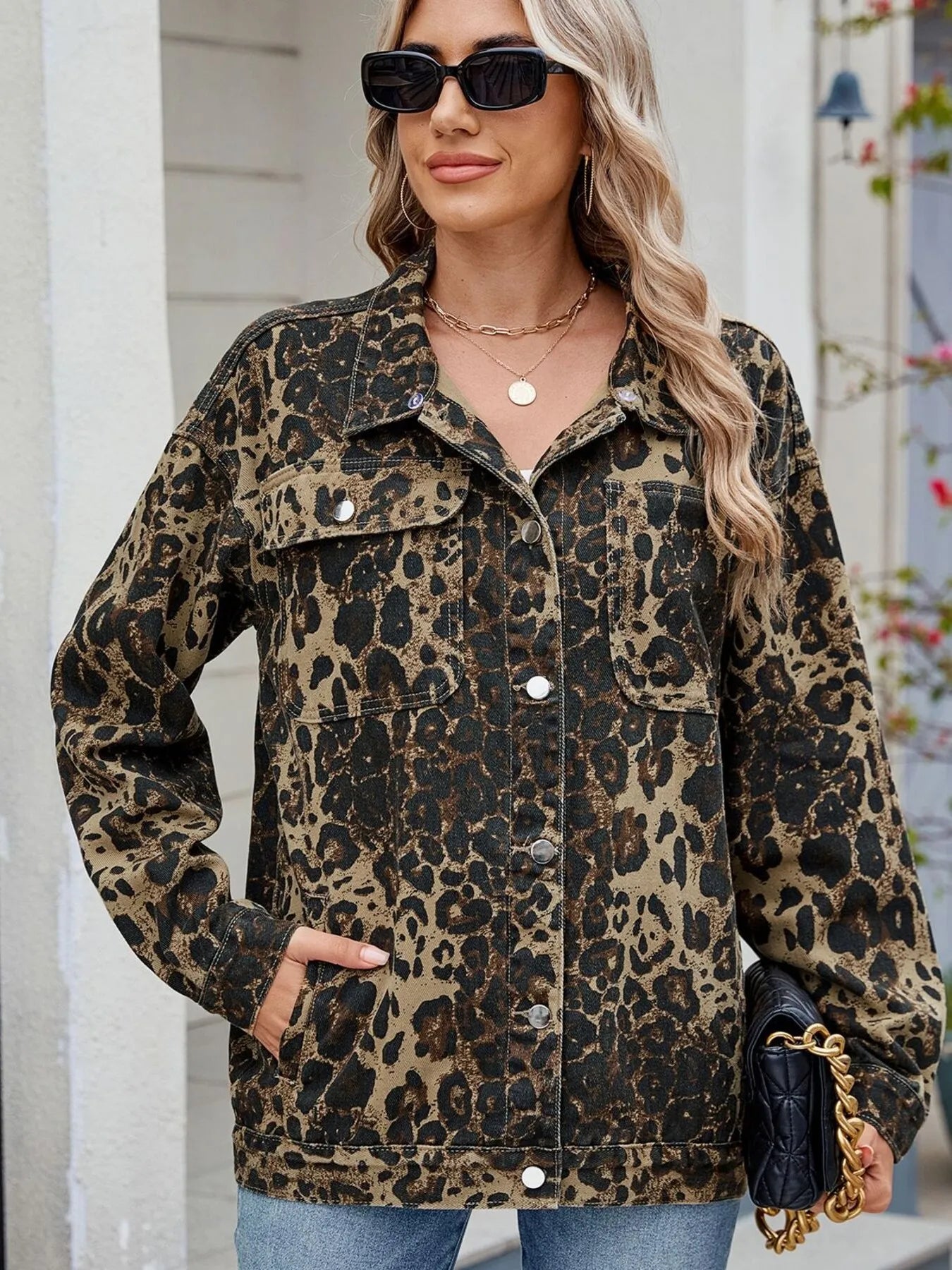 Leopard Print Oversized Denim Jacket - cas7m