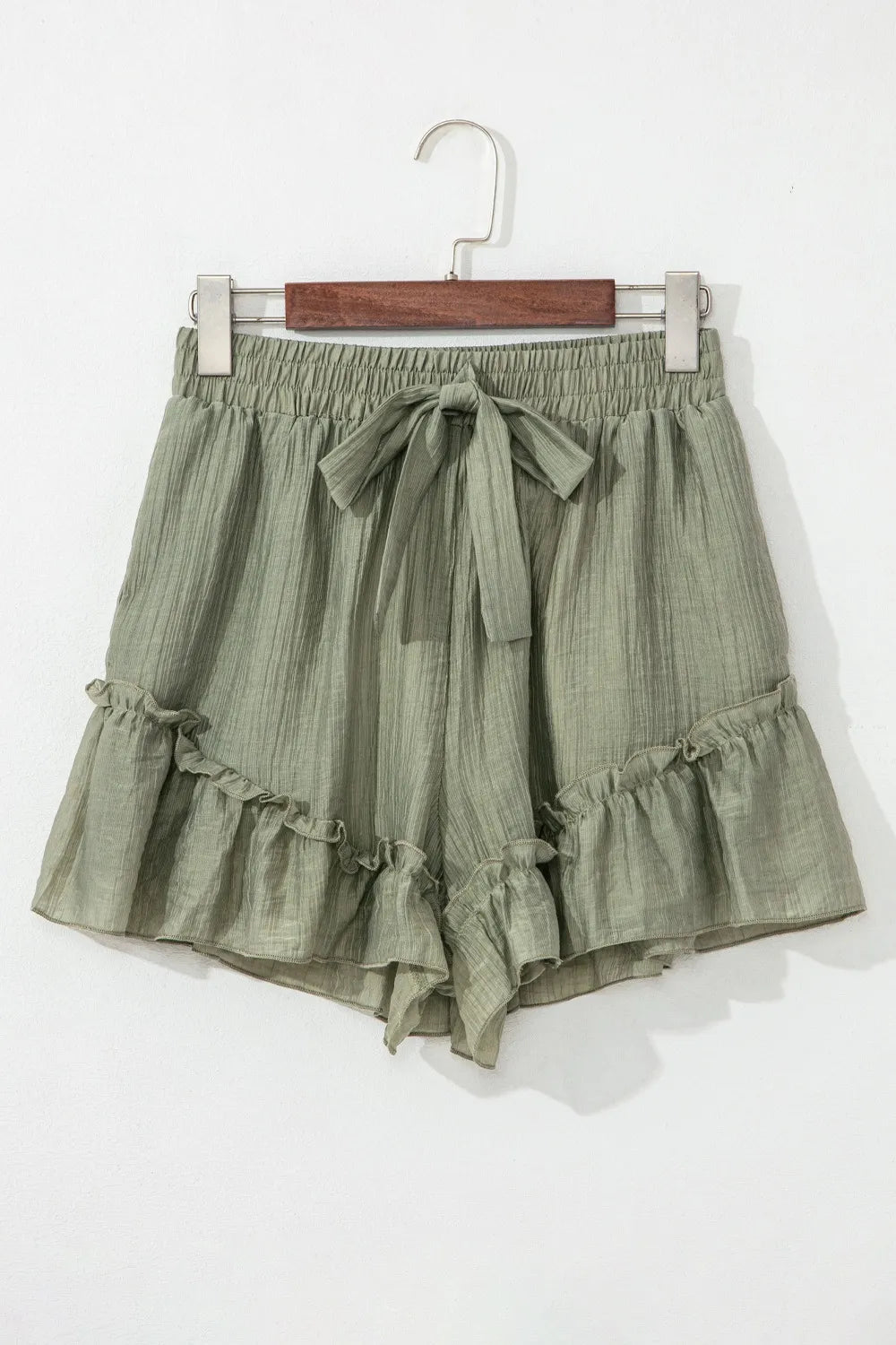Textured Tie Waist Ruffle Hem Shorts - cas7m