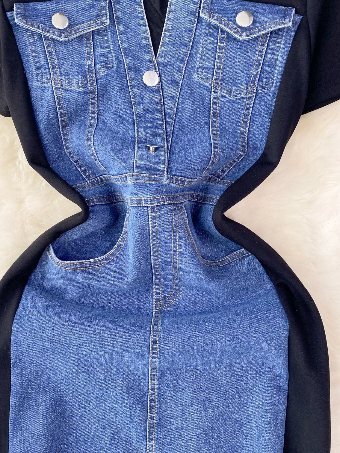 Full Size Denim Patchwork Short Sleeve Slit Back Dress Plus Size - cas7m