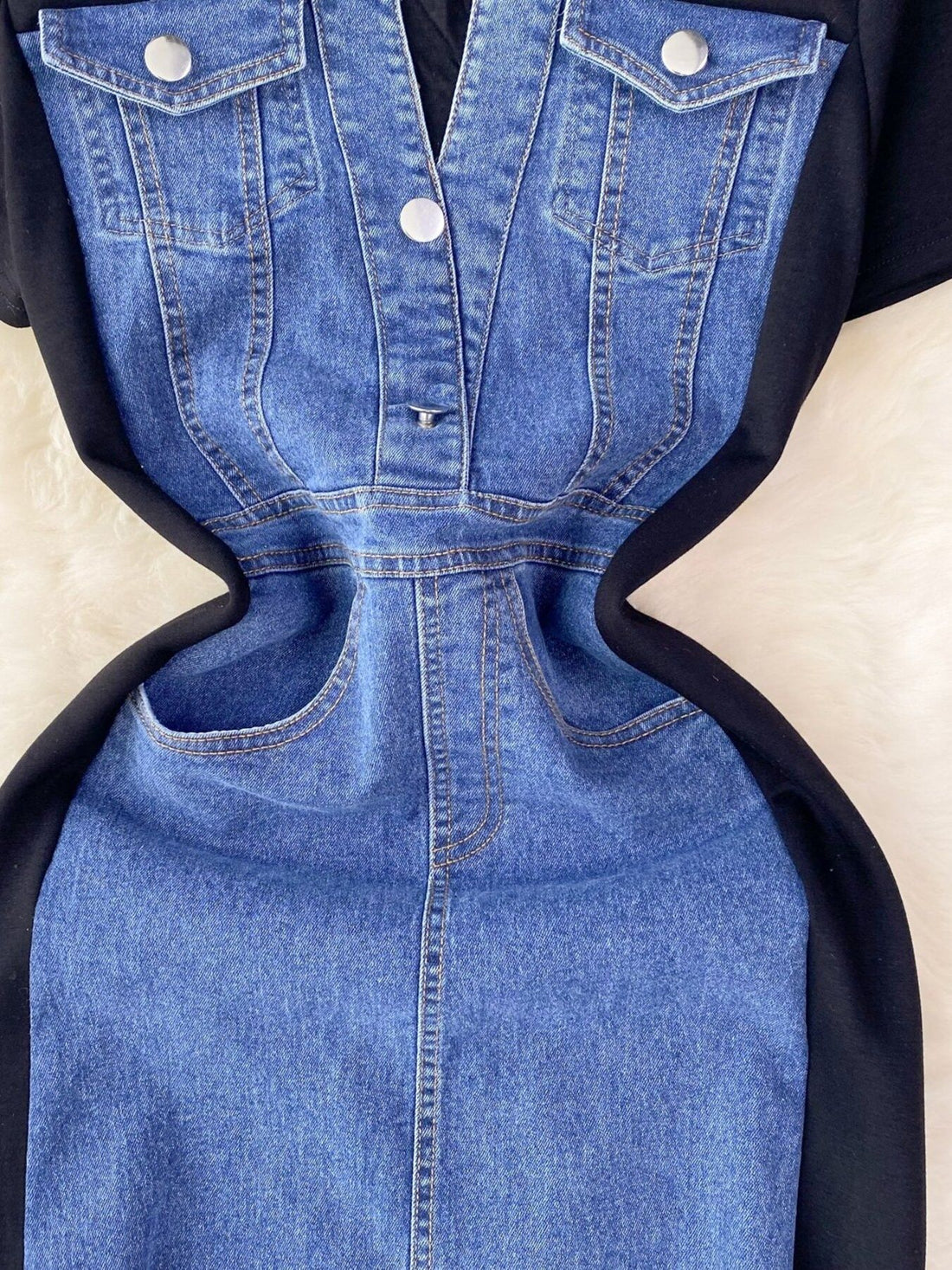 Full Size Denim Patchwork Short Sleeve Slit Back Dress Plus Size - cas7m