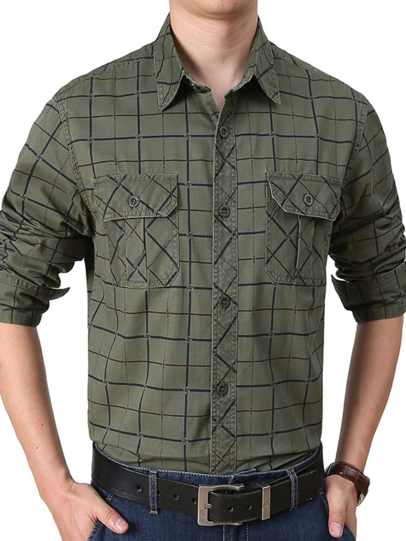 Men's Plus Size Casual Plaid Long Sleeve Shirt - cas7m