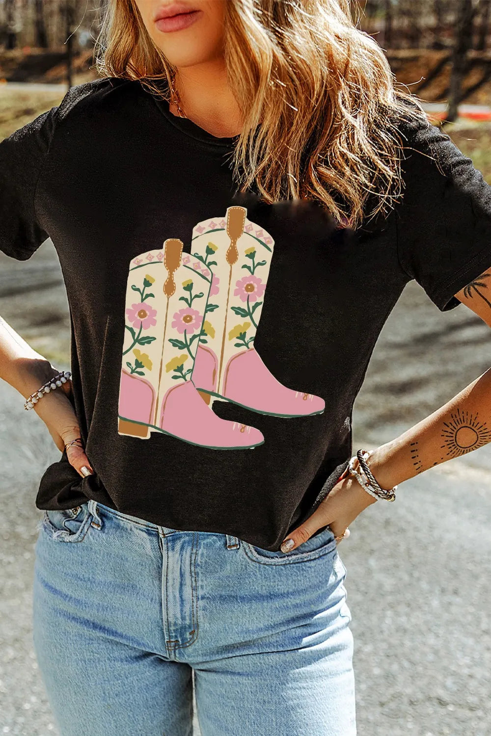 Floral Cowgirl Boots Graphic T-Shirt - cas7m