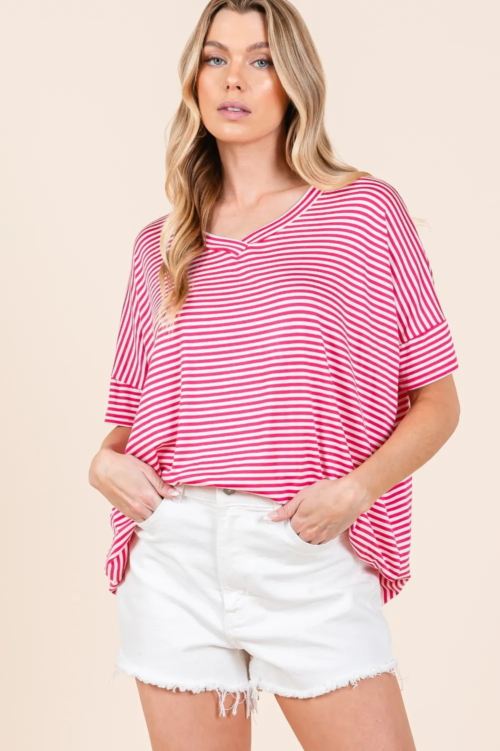 BOMBOM Striped V-Neck T-Shirt - cas7m