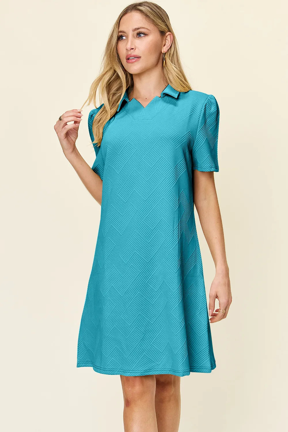 Double Take Full Size Texture Collared Neck Short Sleeve Dress - cas7m