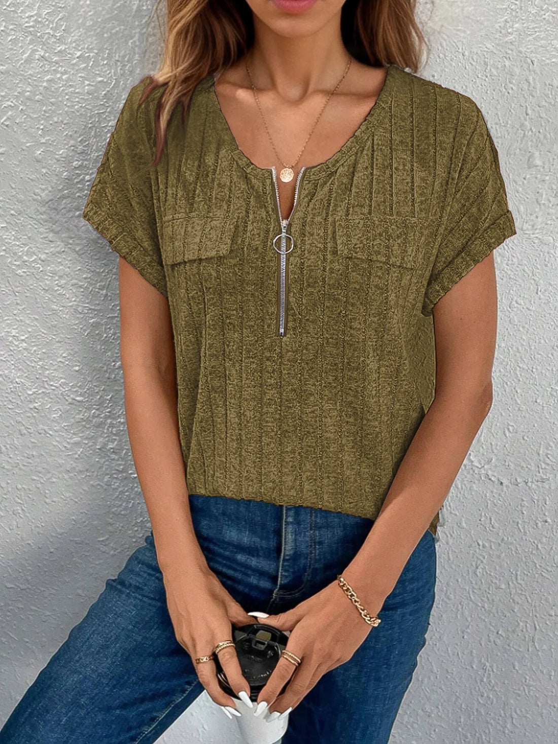 Zip-Front Short Sleeve T-Shirt - cas7m