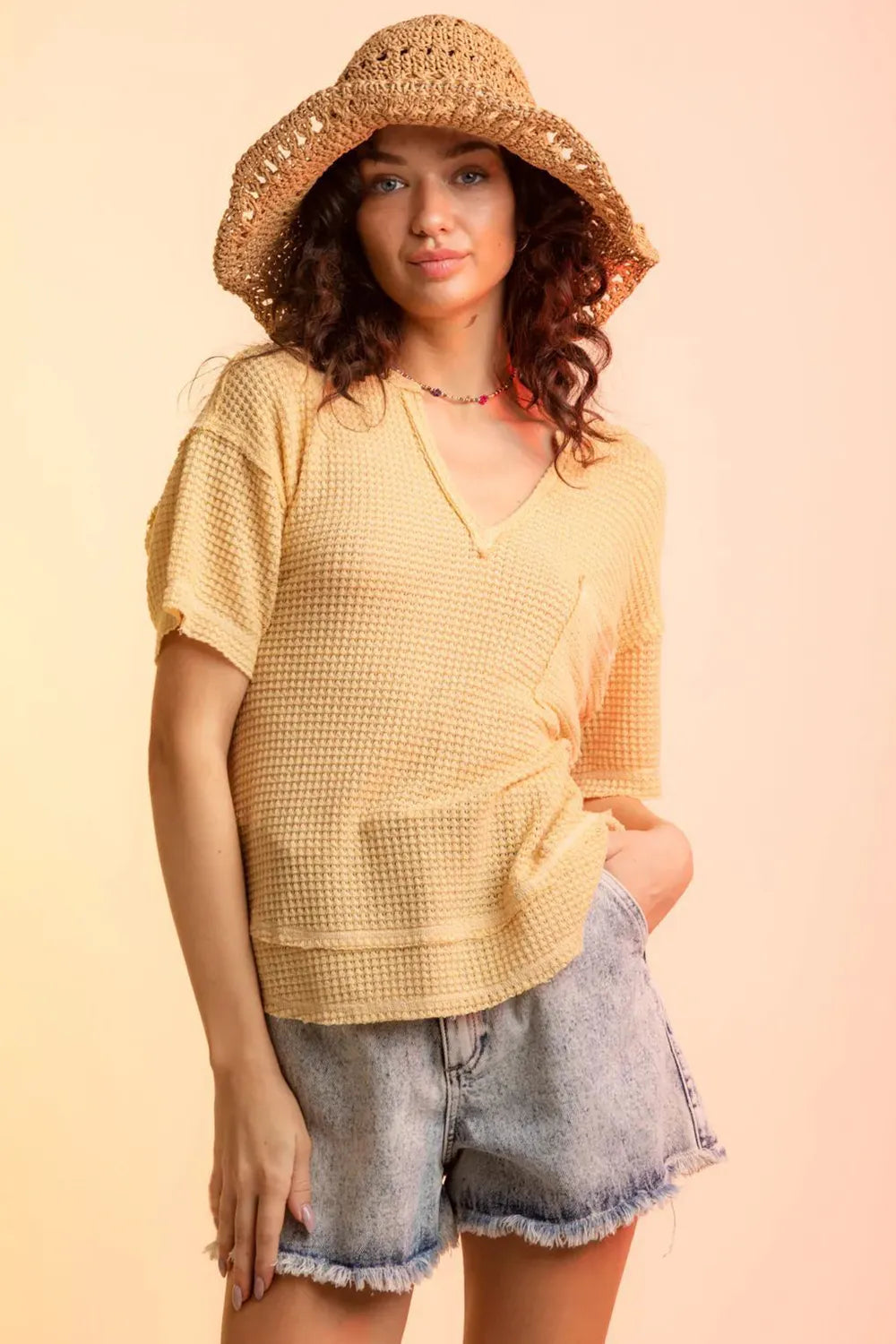Waffle-Knit Notched Half Sleeve T-Shirt - cas7m