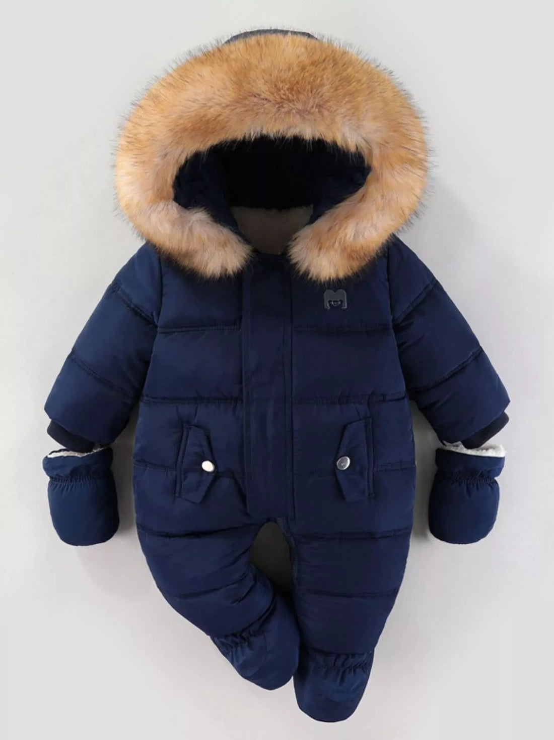 Children's Warm Padded One-Piece Snowsuit with Fur Hood - cas7m