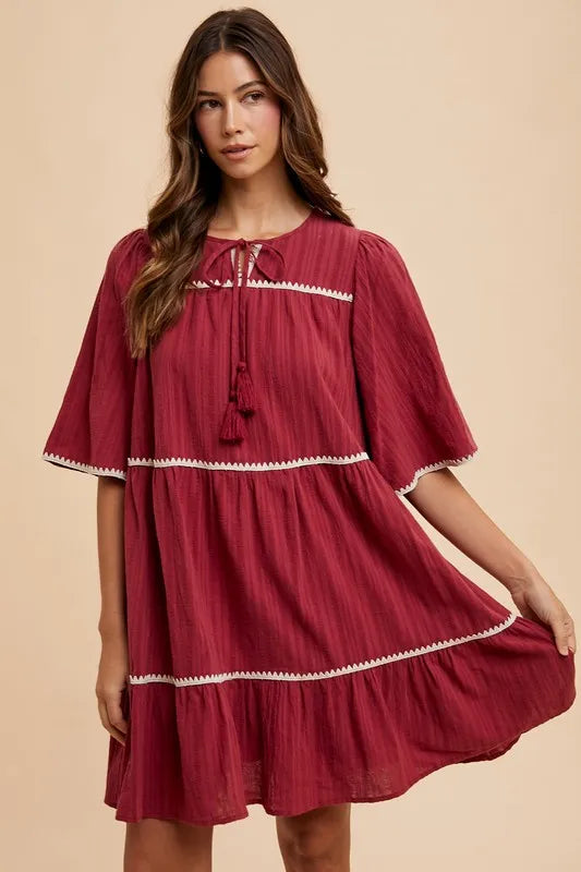 Annie Wear Tassel Contrast Trim Tie Neck Half Sleeve Tiered Dress - cas7m