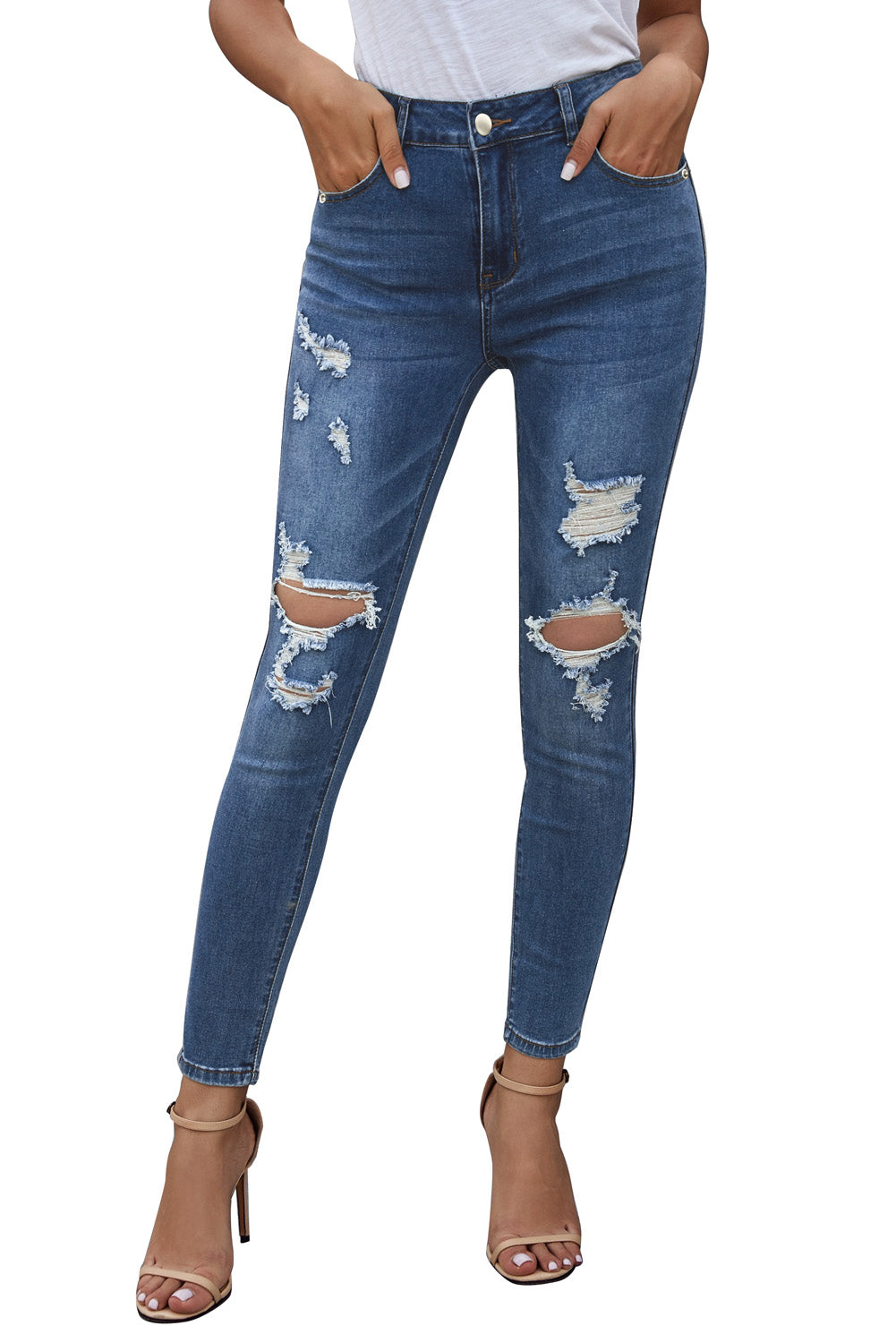 Blue Hollow Out Vintage Skinny Ripped Jeans - cas7m