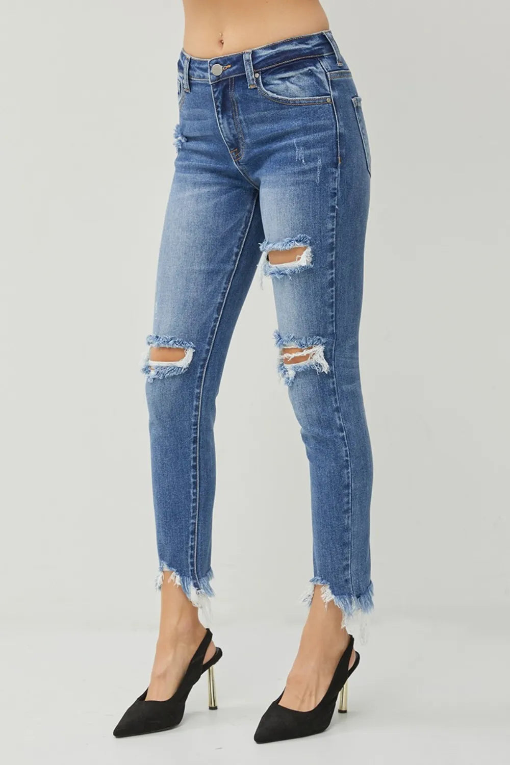 RISEN Distressed Frayed Hem Slim Jeans - cas7m