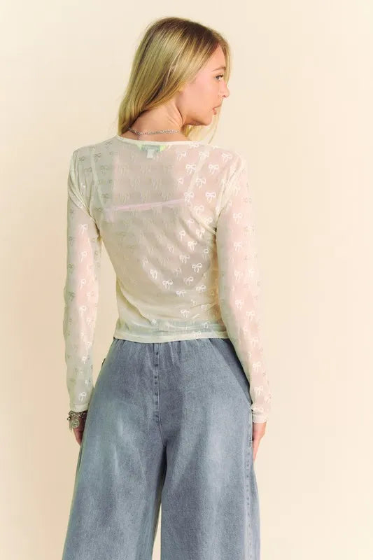 Davi & Dani Bow Mesh Round Neck Long Sleeve Top - cas7m