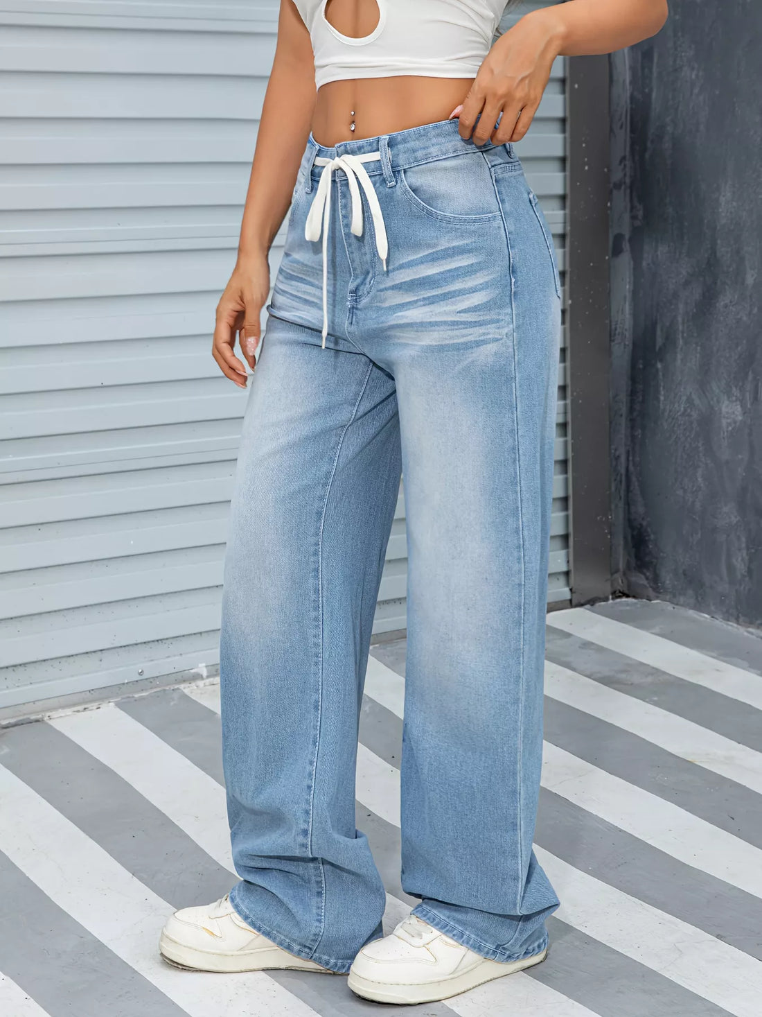 Wide Leg Washed Jeans - cas7m