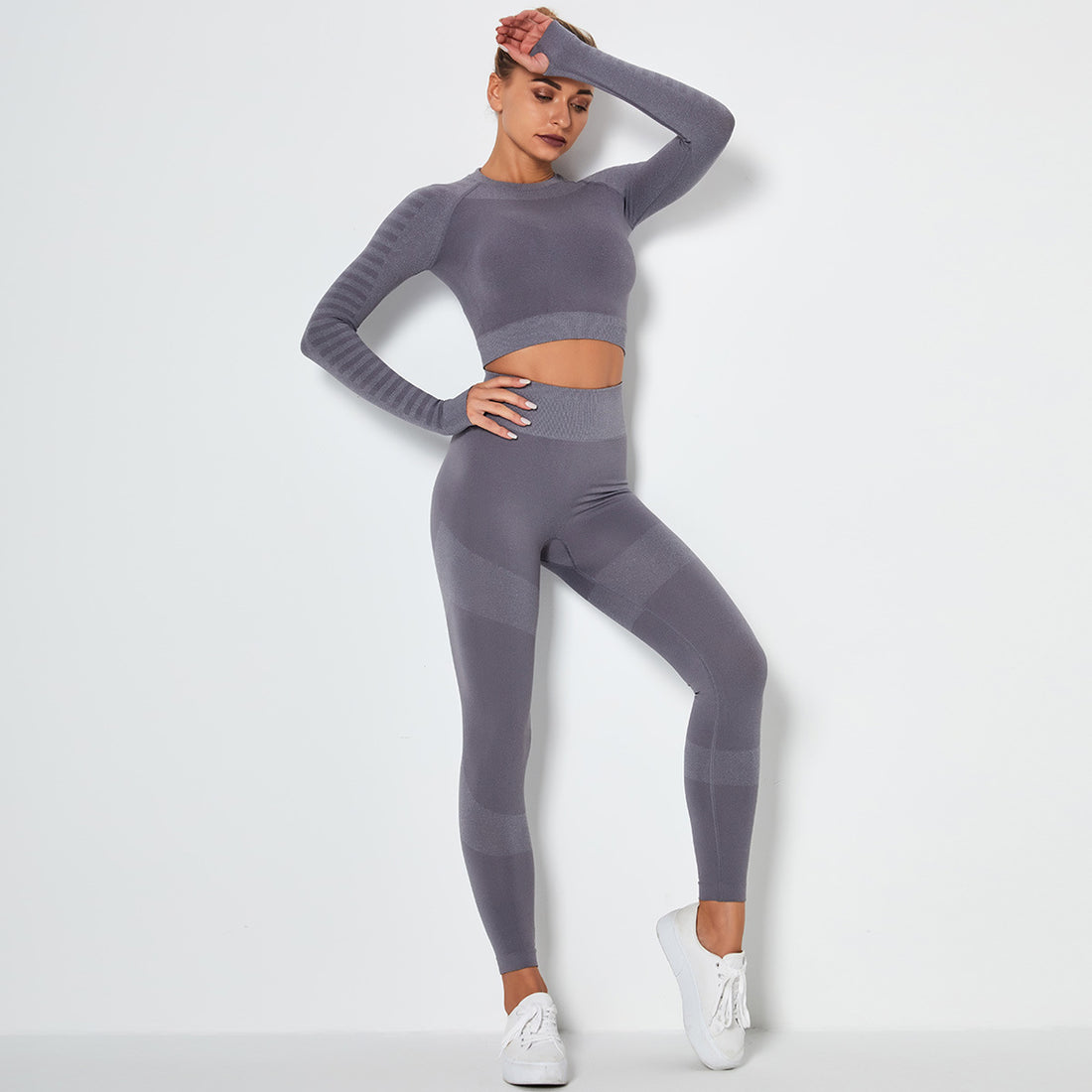 Seamless High-Stretch Yoga Set with Long Sleeve Top - cas7m