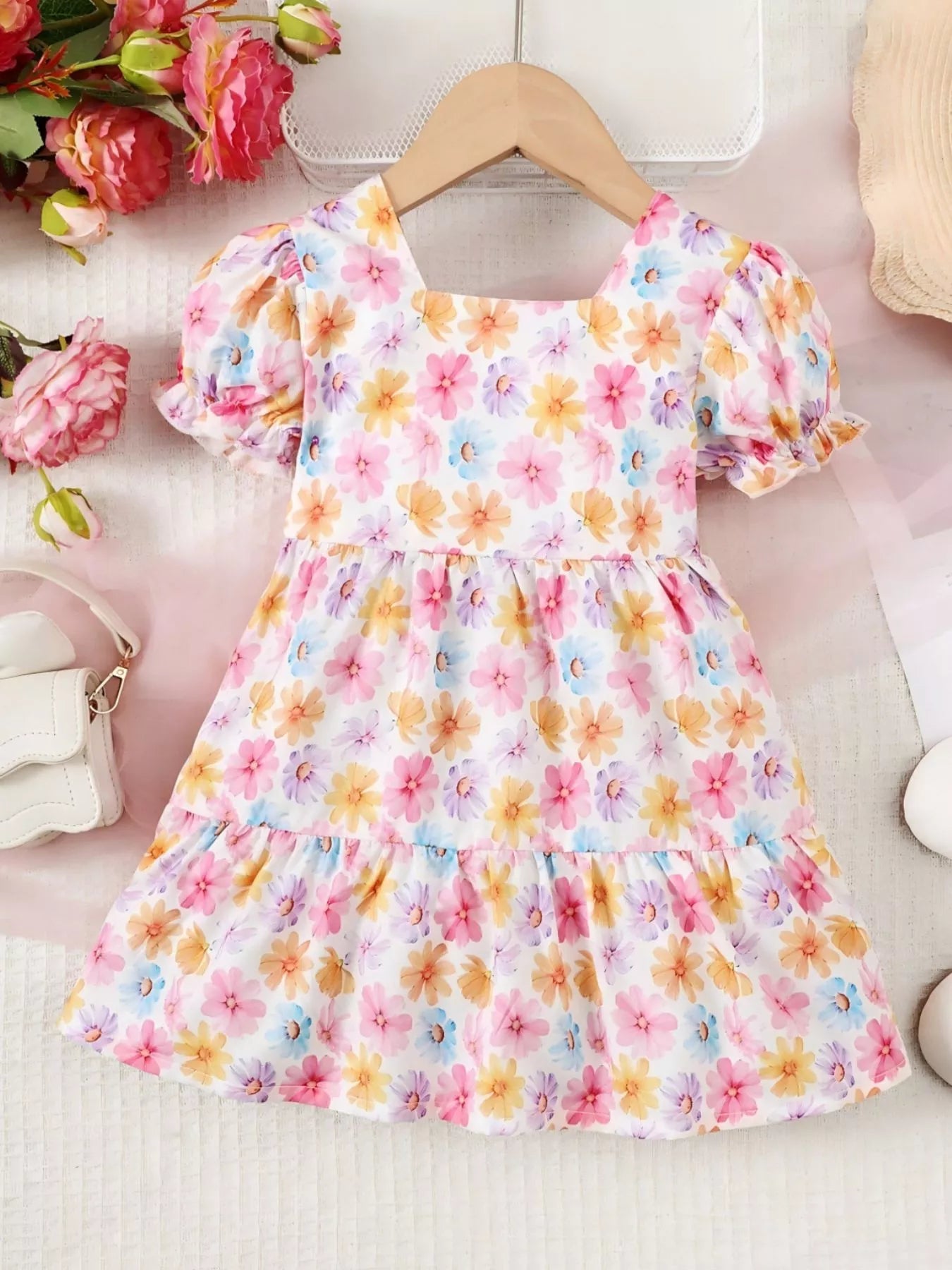 Children's Floral Print Puff Sleeve Ruffle Hem Dress - cas7m