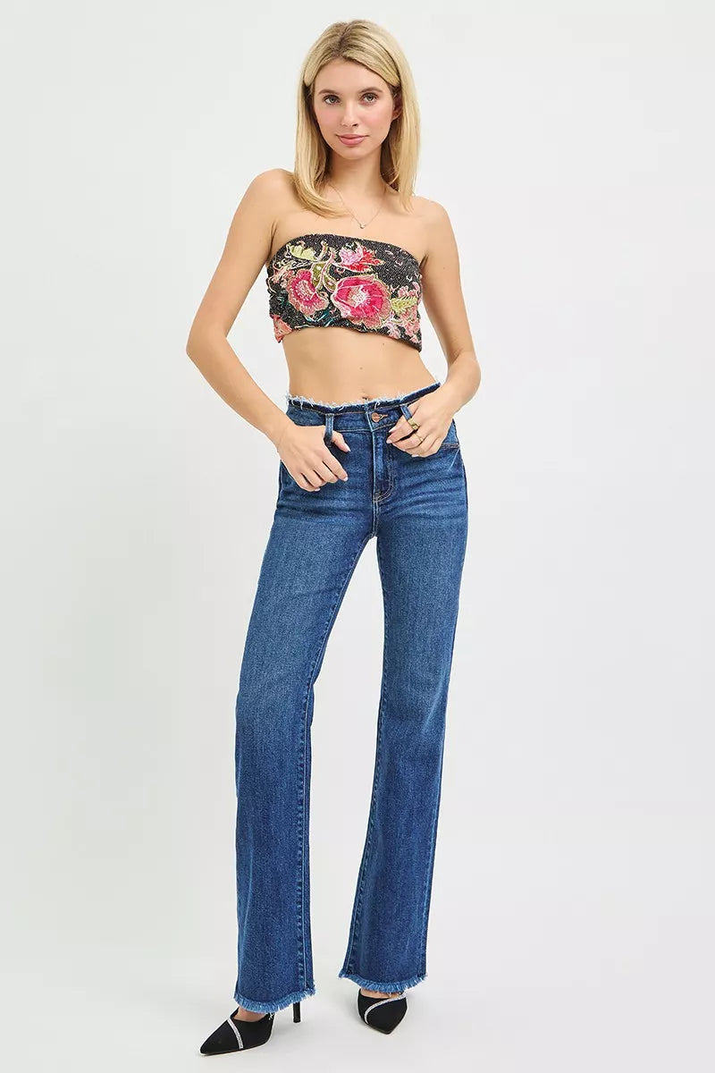 RISEN Full Size Mid Rise Bootcut Frayed Waistband Hem Detail Jeans Plus Size - cas7m