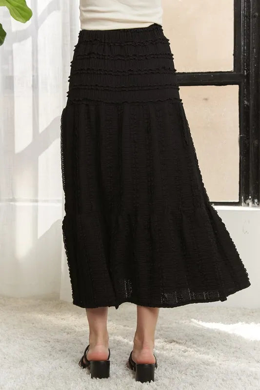 ADORA Elastic Waistband Tiered Midi Skirt - cas7m