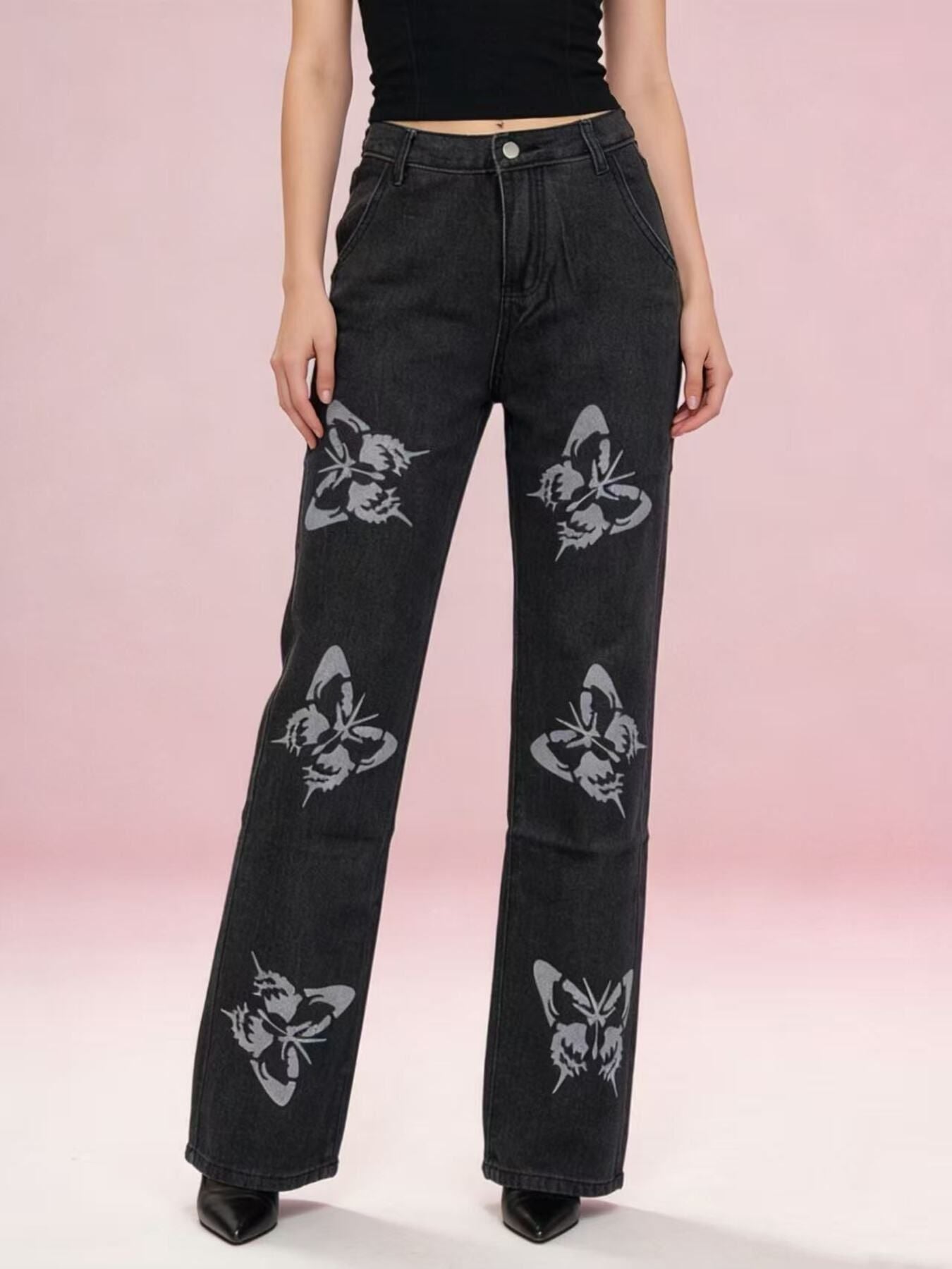 Butterfly Print High-Waisted Wide Leg Jeans - cas7m