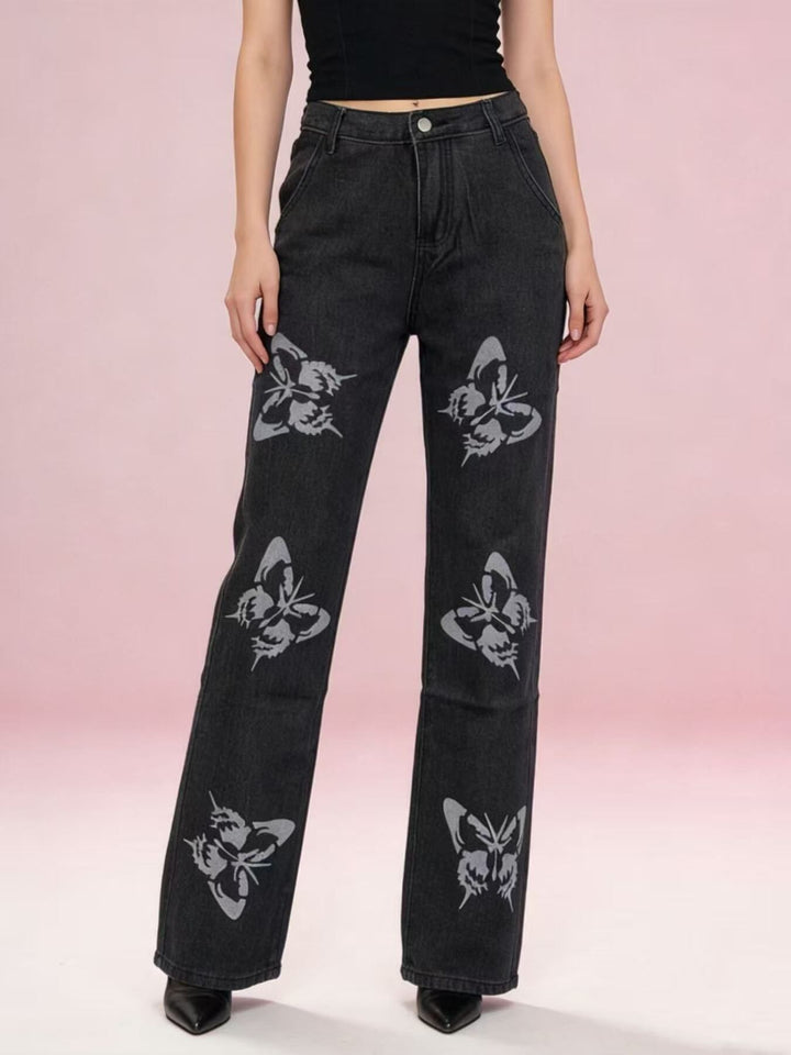 Butterfly Print High-Waisted Wide Leg Jeans - cas7m