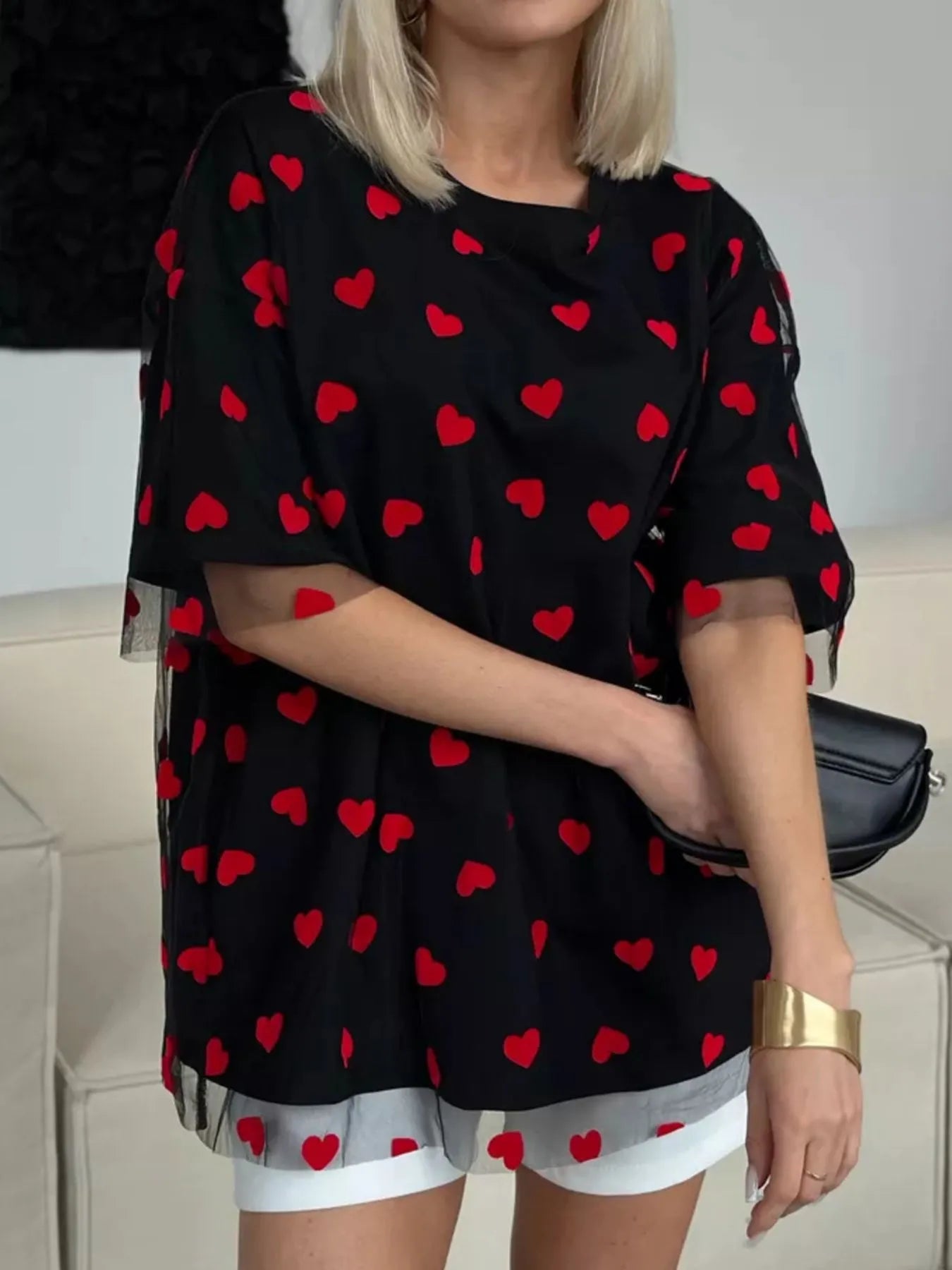 Heart Print Oversized T-Shirt - cas7m