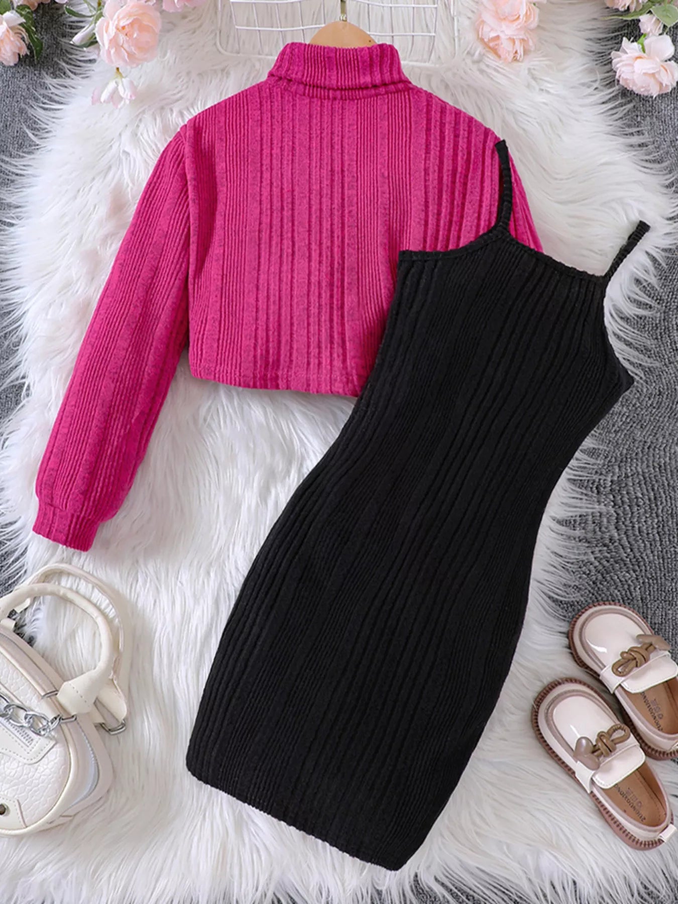 Children's Ribbed Knit Two-Tone Dress Set - cas7m