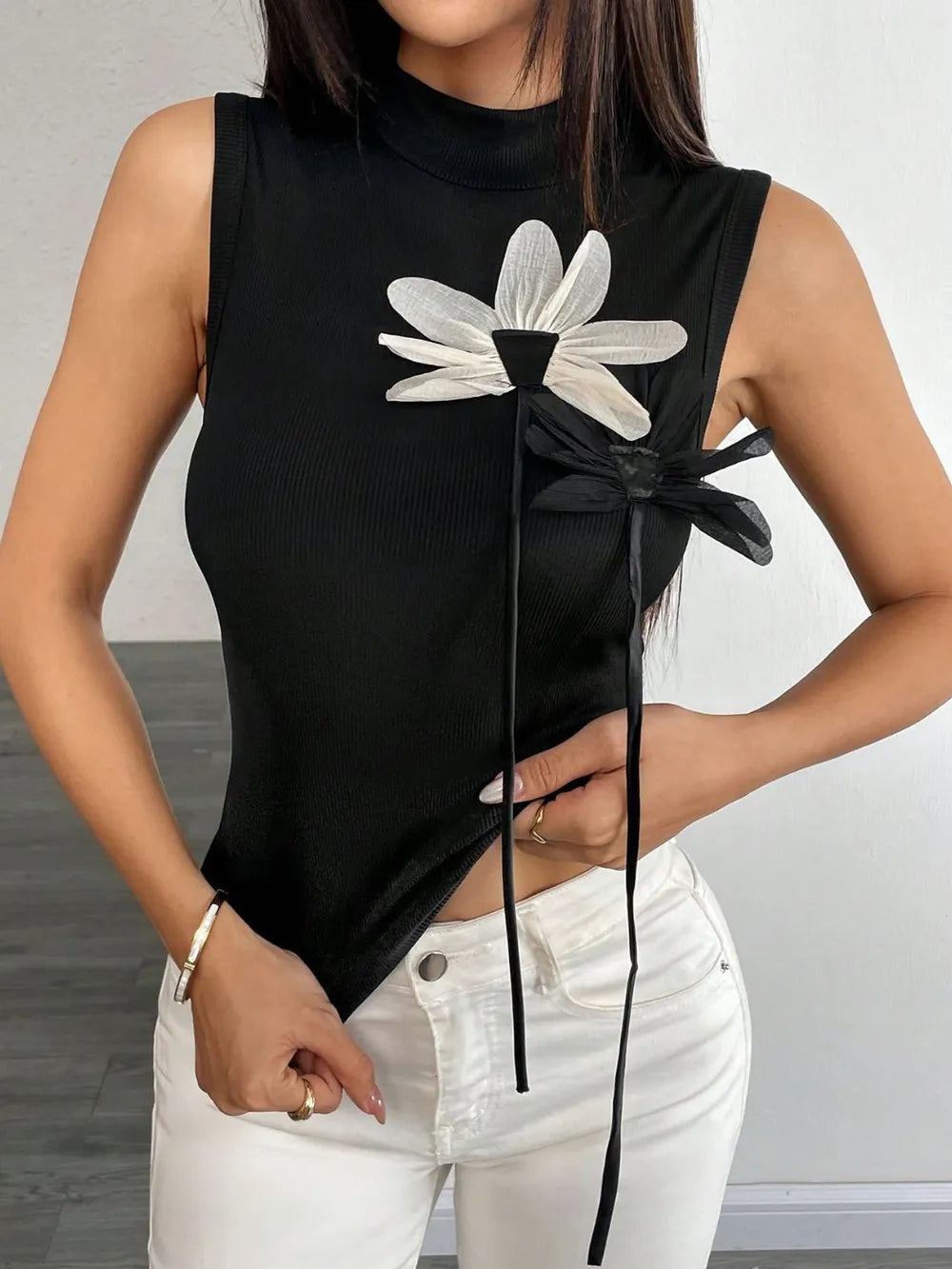 Flower Mock Neck Tank - cas7m