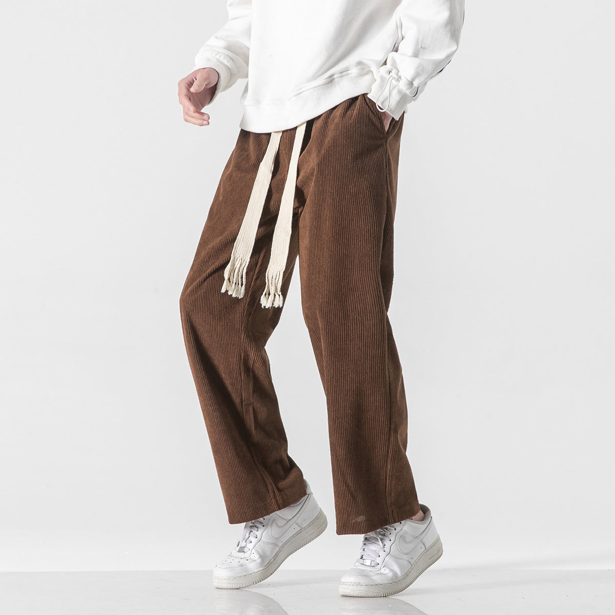 Mens Corduroy Trendy Pants With Braided Drawstring - cas7m