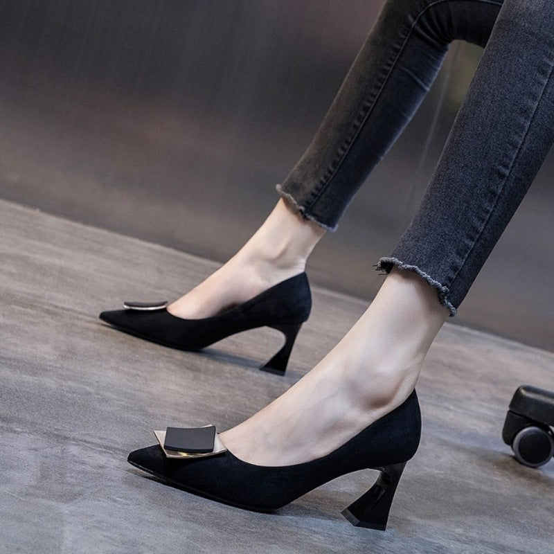 Nude Thick Mid-Heel Pointed Women's High Heels